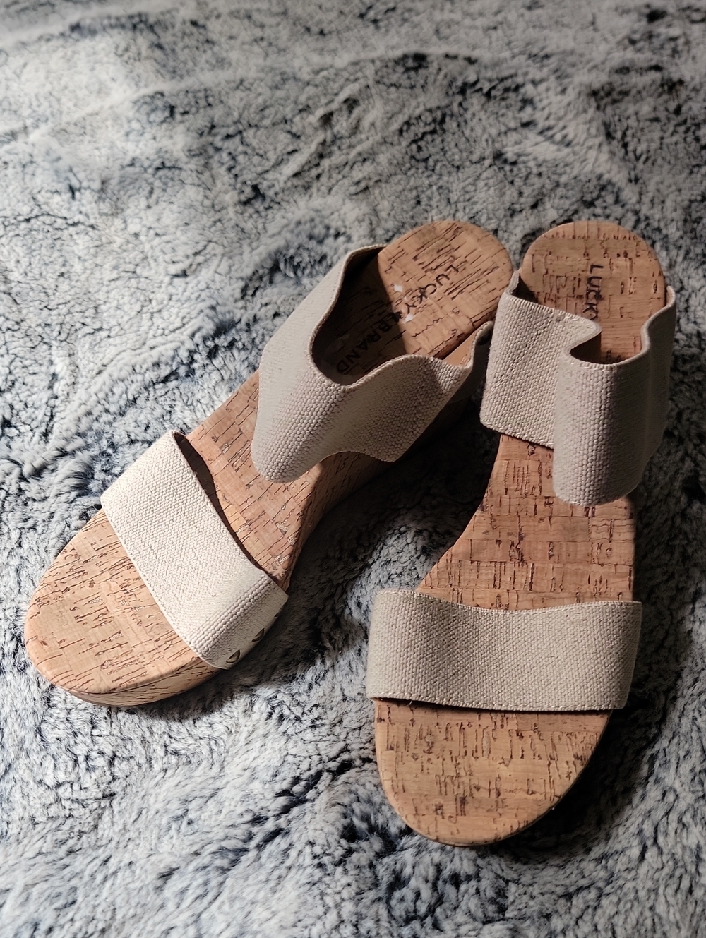 Lucky Brand Matinah Cork Wedge Sandals Beige Cream Linen 9M EU 40 Like New